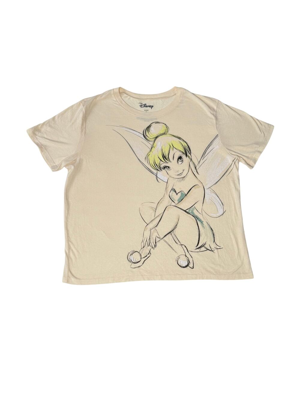 Disney Tinkerbell Graphic Tee Shirt Womans XL Beige Fairy Movie Pixie Disneycore